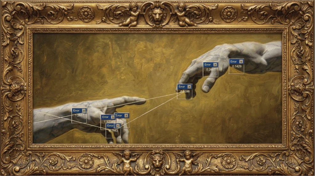A Renaissance painting in a gilded frame with AI detection overlays