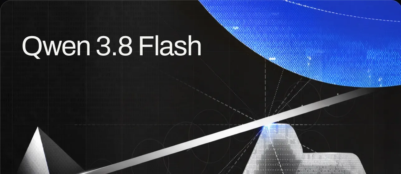 Qwen 3.8 Flash key art: the wordmark over a technical schematic under a blue sphere.