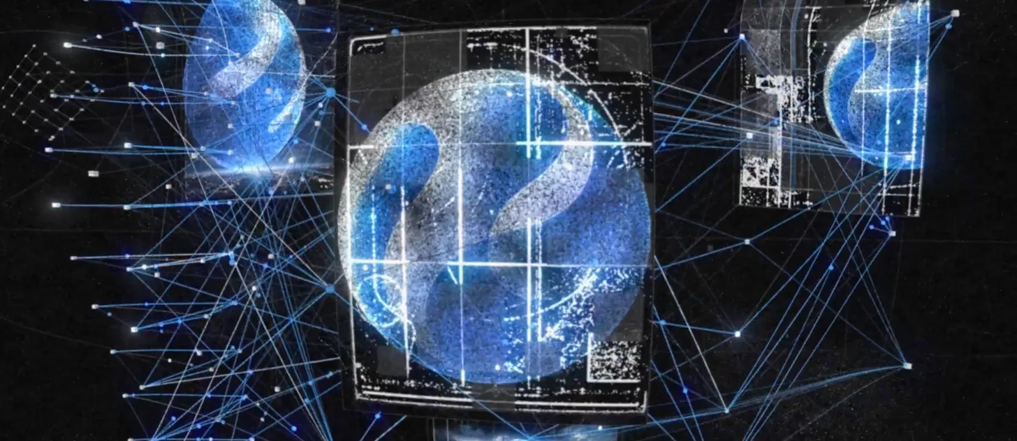 Hy Image 3.5 preview key art: blue spheres and wireframe panels strung together on a lattice of light.