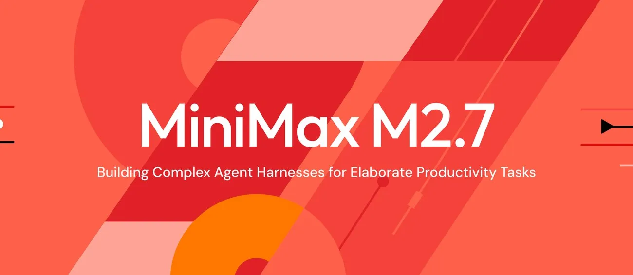MiniMax M2.7 key art: the wordmark and its strapline over coral diagonals.