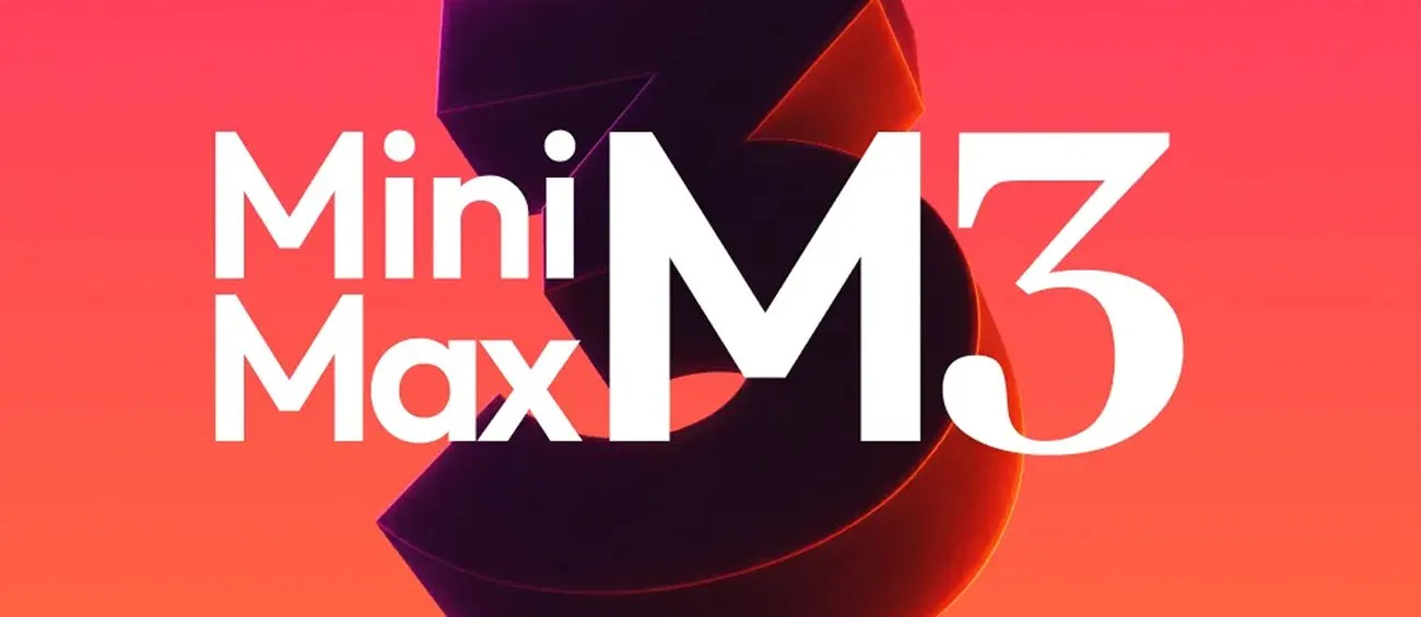 MiniMax M3 key art: a dark dimensional 3 on a pink to orange gradient.