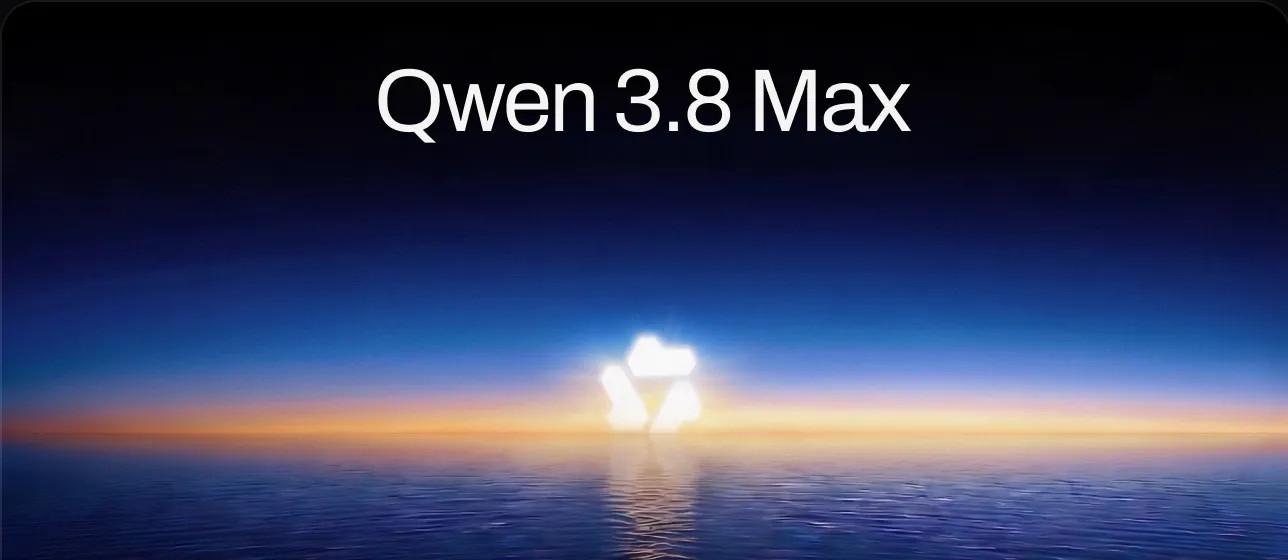 Qwen 3.8 Max key art: the wordmark over a sunrise horizon, the Qwen mark rising out of the water.