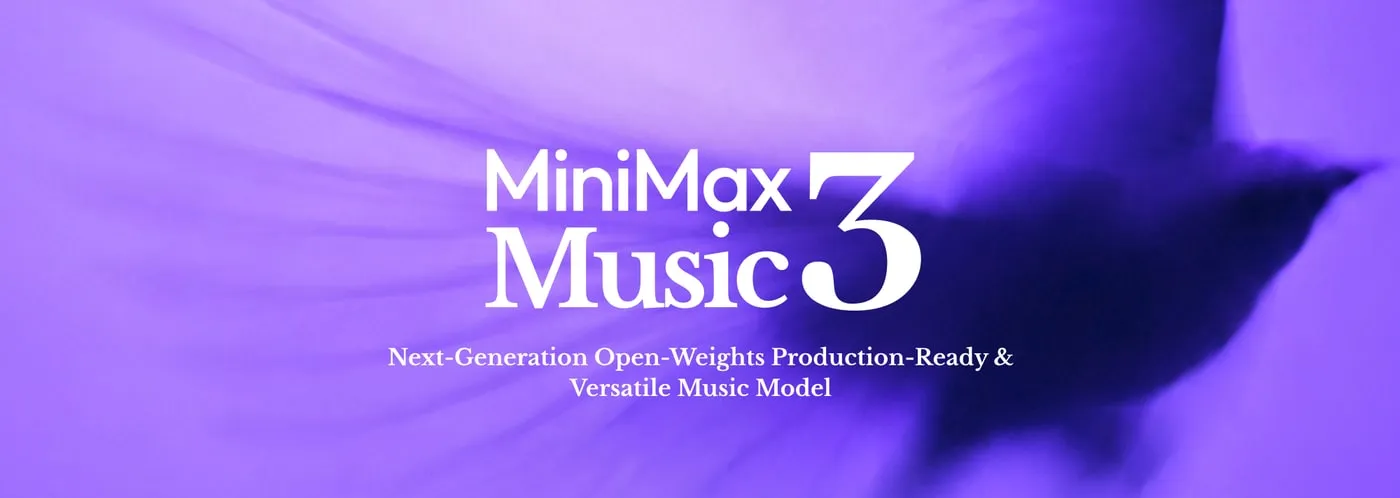 MiniMax Music 3.0 key art: a bird in flight over violet petals, behind the wordmark.