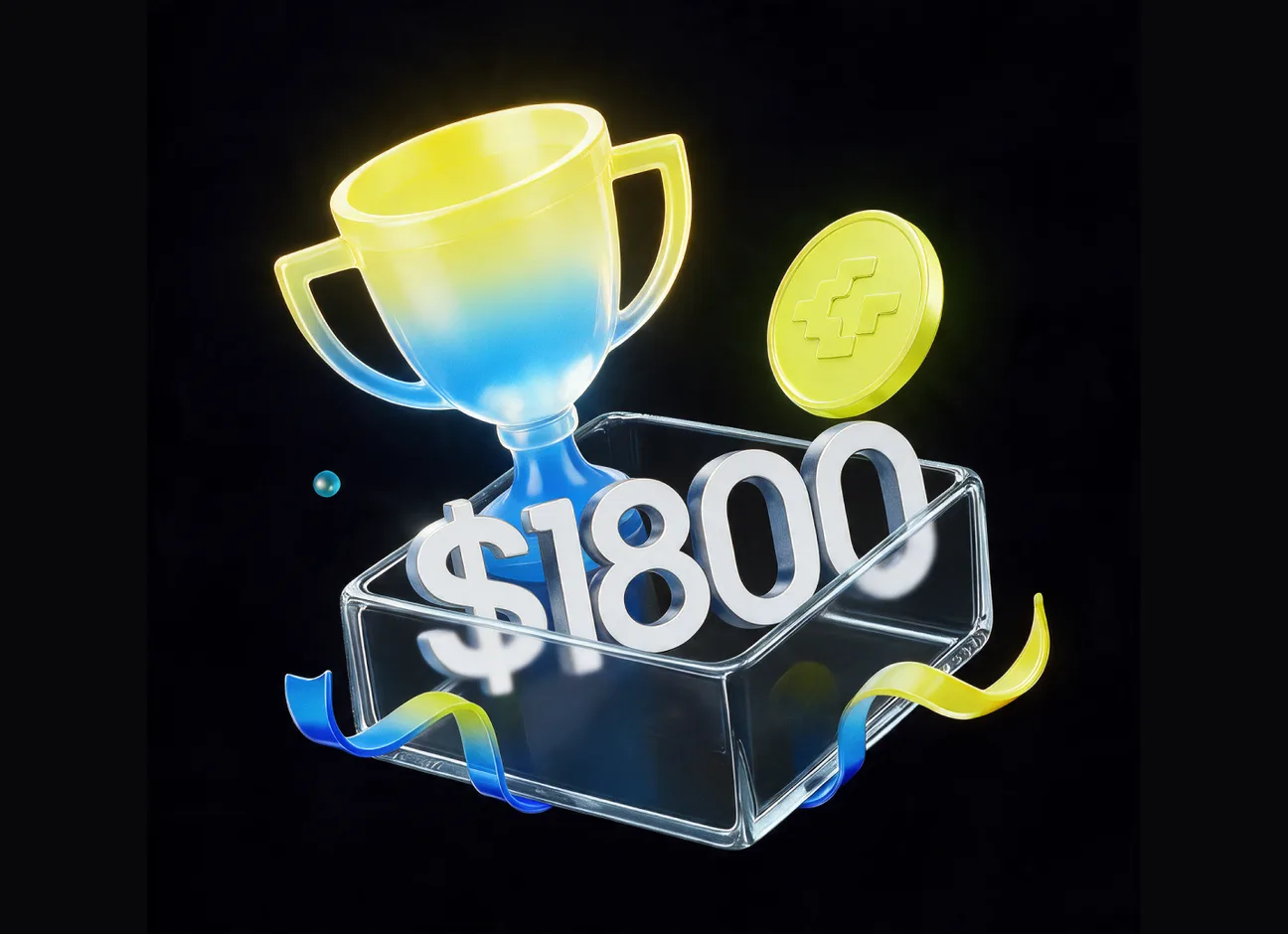 Prize key art: a trophy and a GMI coin over a glass box marked $1800.