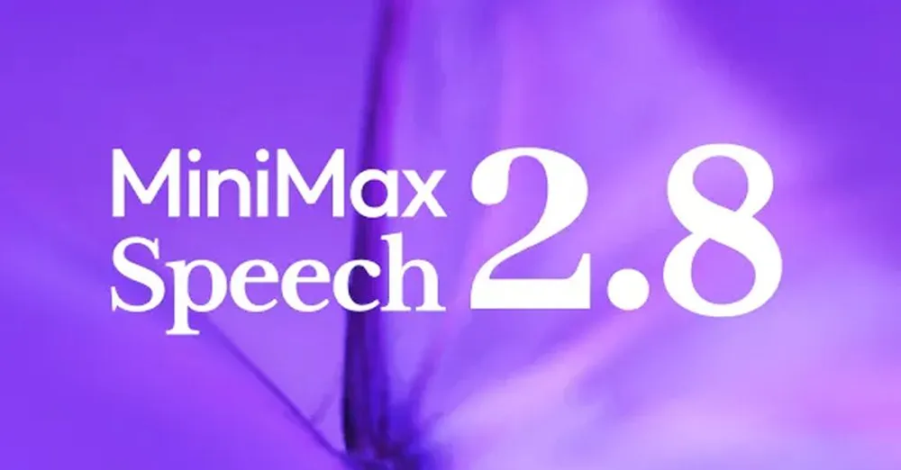 MiniMax Speech 2.8 key art: violet macro photography behind the wordmark.
