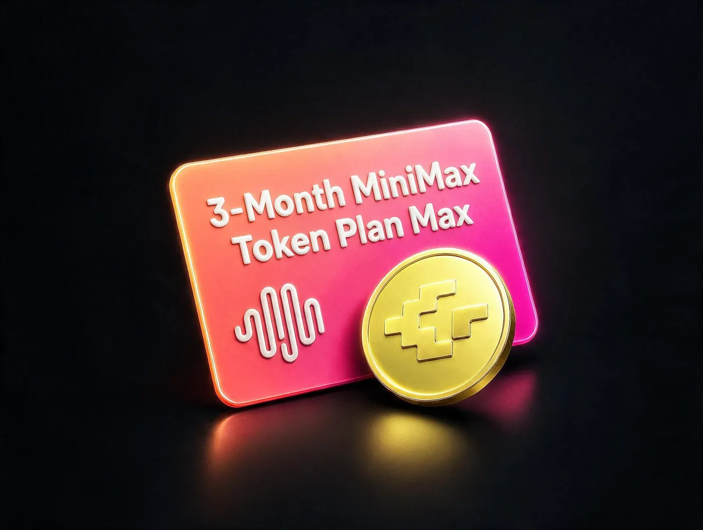 A 3-Month MiniMax token plan max card rendered in glowing pink, with a gold GMI coin resting against it.