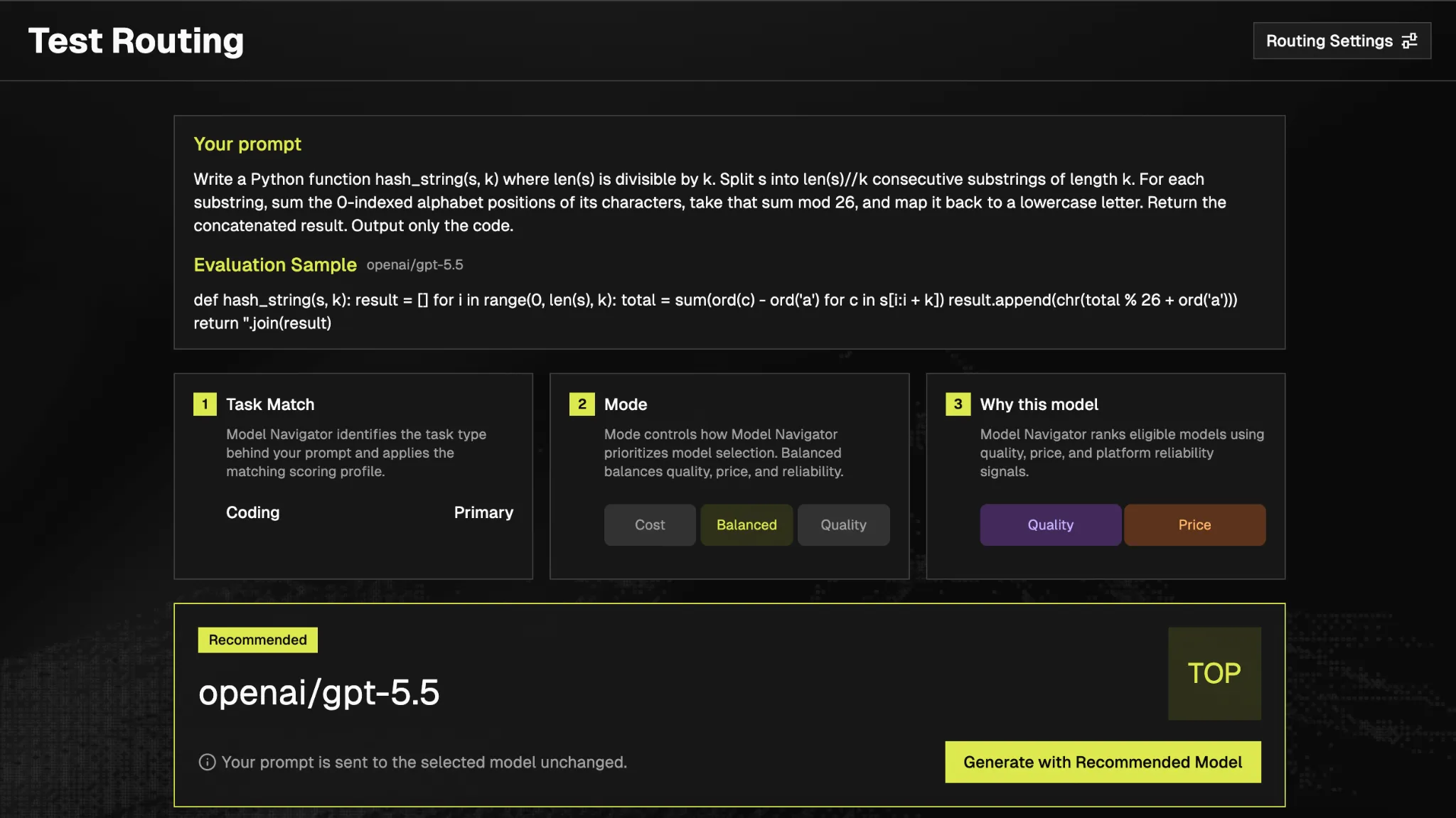 GMI Router test routing console showing the recommended model for a prompt