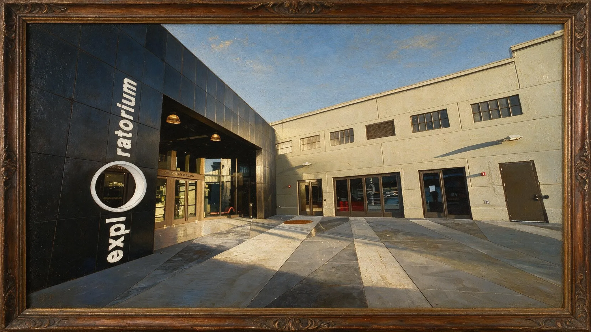 The Exploratorium entrance at Pier 15, shown in a gilded picture frame