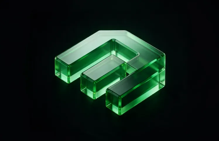 Translucent green glass render of stacked chevrons